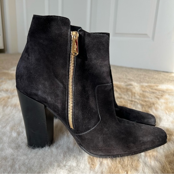 BALMAIN Paris Bootie 40 ROUSTEING black suede dual gold zip chunky heel Block 9 - Picture 10 of 13